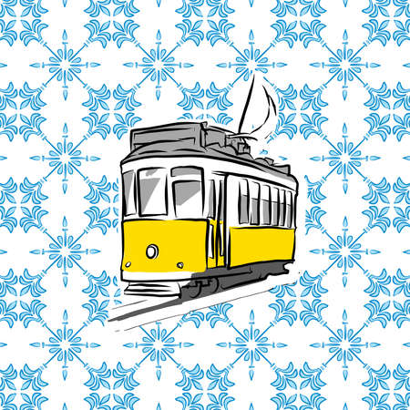 Lisboa tram on blue background. Vector patterns abstract background for web backdrop, print, pillows, surface texture, wallpaper.のイラスト素材
