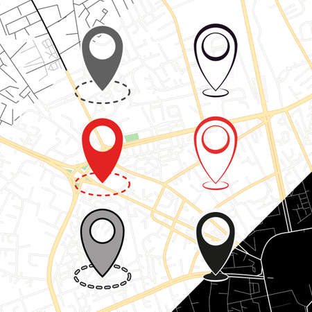 Collection of Pointers with Area Icons on Vector Map Vector Illustration. Usual icons for designing on different light and dark backgrounds. Vector Icons Grouped Symbols.のイラスト素材