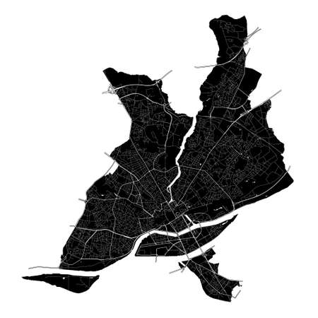 Nantes, Loire-Atlantique, France, France, high resolution vector map with city boundaries, and editable paths. The city map was drawn with white areas and lines for main roads, side roads and watercourses on a black background.のイラスト素材