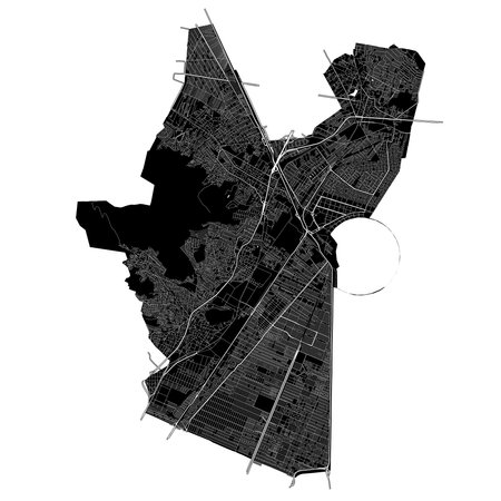 Ecatepec, Mexico, high resolution vector map with city boundaries, and editable paths. The city map was drawn with white areas and lines for main roads, side roads and watercourses on a black background.