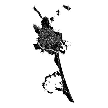 Valencia, Spain, high resolution vector map with city boundaries, and editable paths. The city map was drawn with white areas and lines for main roads, side roads and watercourses on a black background.のイラスト素材