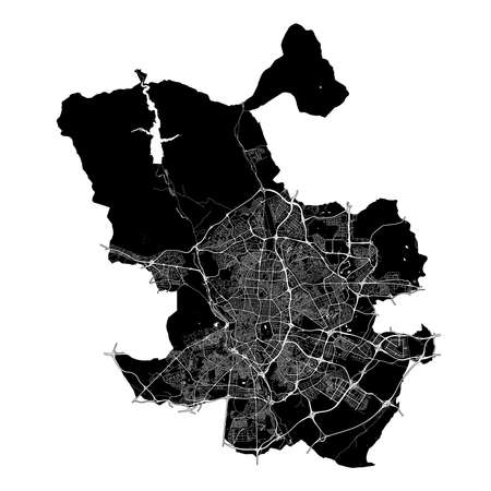 Madrid, Spain, high resolution vector map with city boundaries, and editable paths. The city map was drawn with white areas and lines for main roads, side roads and watercourses on a black background.のイラスト素材