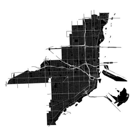 Miami, Florida, United States, high resolution vector map with city boundaries, and editable paths. The city map was drawn with white areas and lines for main roads, side roads and watercourses on a black background.のイラスト素材