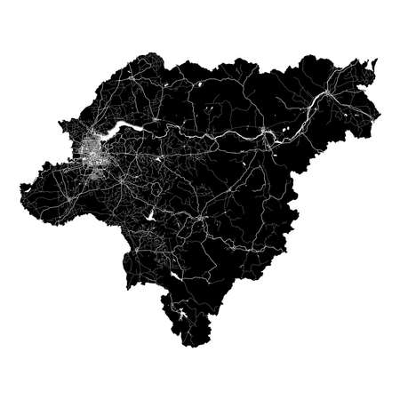 Harbin, China, high resolution vector map with city boundaries, and editable paths. The city map was drawn with white areas and lines for main roads, side roads and watercourses on a black background.のイラスト素材