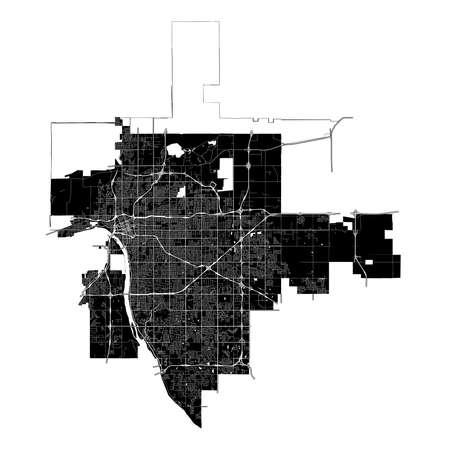 Tulsa, Oklahoma, United States, high resolution vector map with city boundaries, and editable paths. The city map was drawn with white areas and lines for main roads, side roads and watercourses on a black background.のイラスト素材