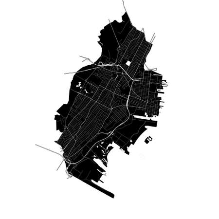 Jersey City, New Jersey, United States, high resolution vector map with city boundaries, and editable paths. The city map was drawn with white areas and lines for main roads, side roads and watercourses on a black background.のイラスト素材
