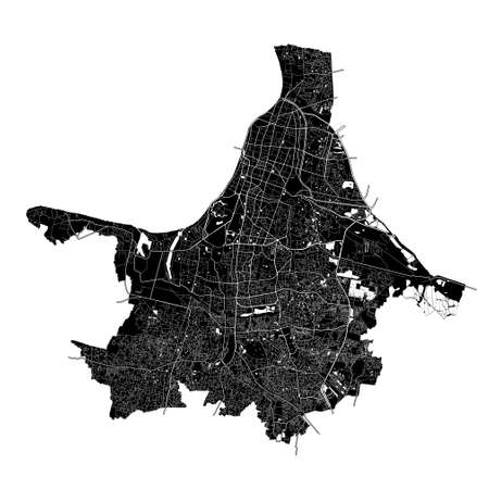 Kolkata, India, high resolution vector map with city boundaries, and editable paths. The city map was drawn with white areas and lines for main roads, side roads and watercourses on a black background.のイラスト素材