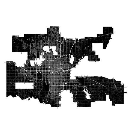 Oklahoma City, Oklahoma, United States, high resolution vector map with city boundaries, and editable paths. The city map was drawn with white areas and lines for main roads, side roads and watercourses on a black background.のイラスト素材