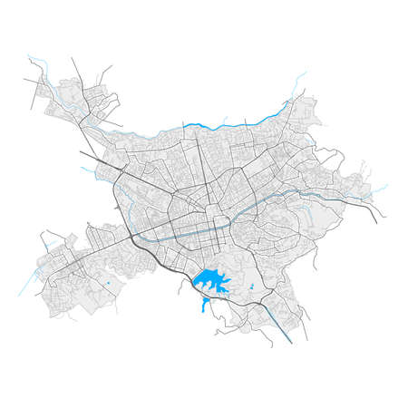 Tirana, Albania high resolution vector map with city boundaries and editable paths. White outlines for main roads. Many detailed paths. Blue shapes and lines for water.のイラスト素材
