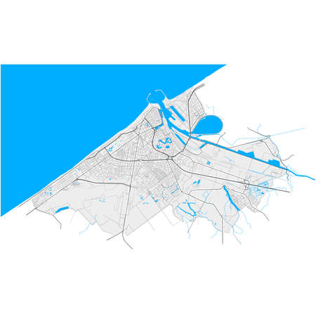 Ostend, West Flanders, Belgium high resolution vector map with city boundaries and editable paths. White outlines for main roads. Many detailed paths. Blue shapes and lines for water.のイラスト素材