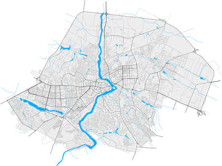 Vinnytsia, Vinnytsia Oblast, Ukraine high resolution vector map with city boundaries and outlined paths. White additional outlines for main roads. Many details. Blue shapes and lines for water.のイラスト素材