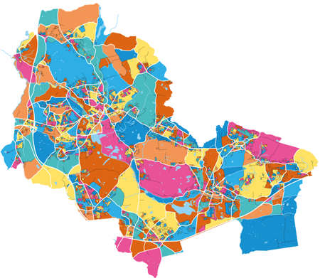 Wigan, North West England, England colorful high resolution vector art map with city boundaries. White outlines for main roads. Many details. Blue shapes for water.のイラスト素材