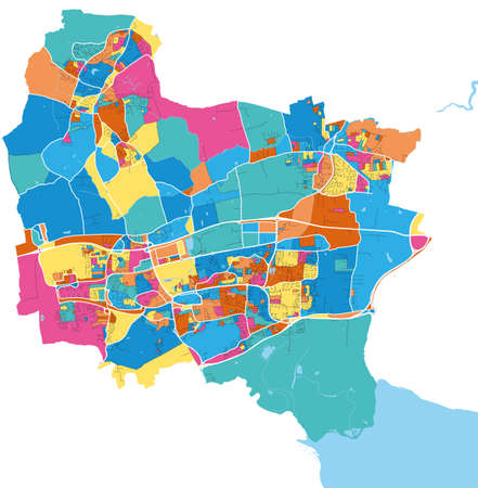 Basildon, East of England, England colorful high resolution vector art map with city boundaries. White outlines for main roads. Many details. Blue shapes for water.のイラスト素材