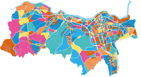 Gateshead, North East England, England colorful high resolution vector art map with city boundaries. White outlines for main roads. Many details. Blue shapes for water.のイラスト素材