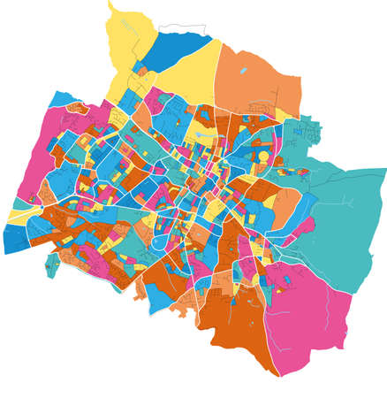 Cheltenham, South West England, England colorful high resolution vector art map with city boundaries. White outlines for main roads. Many details. Blue shapes for water.のイラスト素材