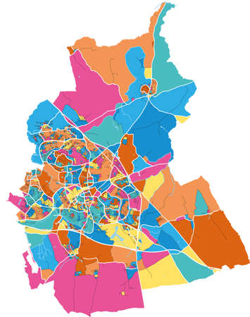 Swindon, South West England, England colorful high resolution vector art map with city boundaries. White outlines for main roads. Many details. Blue shapes for water.のイラスト素材