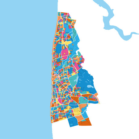 Blackpool, North West England, England colorful high resolution vector art map with city boundaries. White outlines for main roads. Many details. Blue shapes for water.のイラスト素材