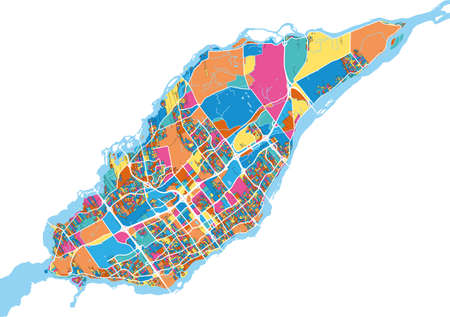 Laval, Quebec, Canada colorful high resolution vector art map with city boundaries. White outlines for main roads. Many details. Blue shapes for water.のイラスト素材