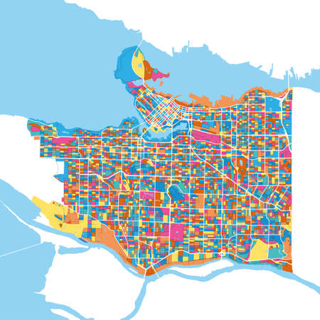 Vancouver, British Columbia, Canada colorful high resolution vector art map with city boundaries. White outlines for main roads. Many details. Blue shapes for water.のイラスト素材