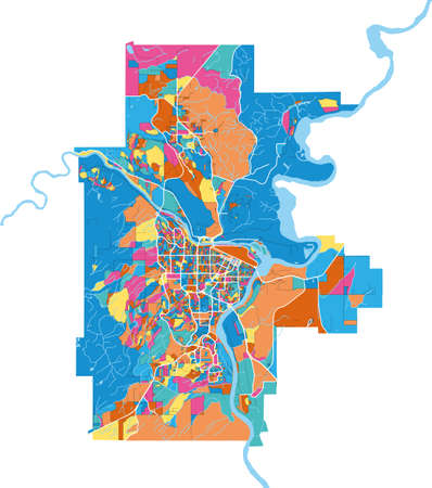 PrinceGeorge, British Columbia, Canada colorful high resolution vector art map with city boundaries. White outlines for main roads. Many details. Blue shapes for water.のイラスト素材