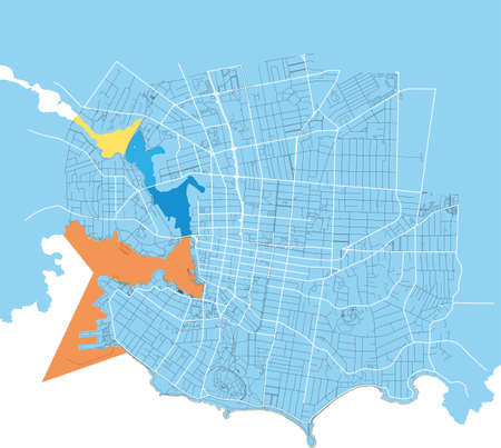 Victoria, British Columbia, Canada colorful high resolution vector art map with city boundaries. White outlines for main roads. Many details. Blue shapes for water.のイラスト素材