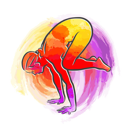 Colorful Backasana Yoga Pose. Hand drawn vector art. Centered layout for web and print purposes.のイラスト素材