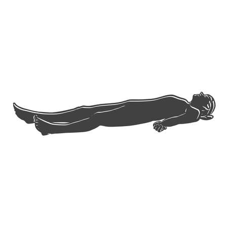 Black Savasana Corpse Yoga Pose Outline Icon. Vector illustration made by hand. White lines isolated on black shape.のイラスト素材