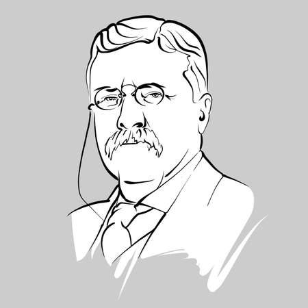 Theodore Roosevelt modern vector drawing. Hand-drawn outline sketch by artist Knut Hebstreit. Drawing for use on any marketing project and for resale as print.のイラスト素材