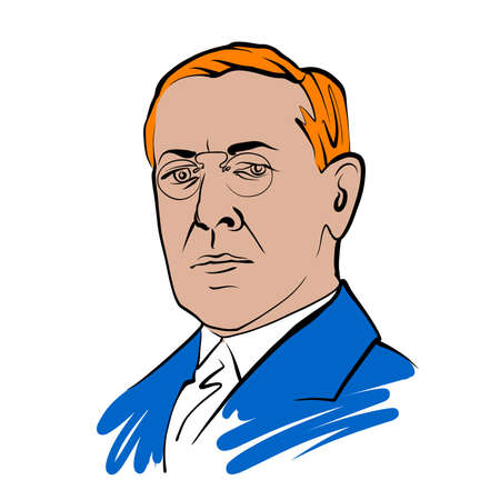 Woodrow Wilson vector drawing with colored surfaces. Hand-drawn outline sketch by artist Knut Hebstreit. Drawing for use on any marketing project and for resale as print.のイラスト素材