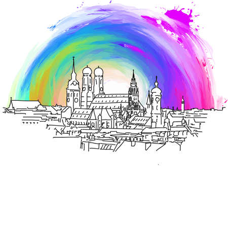 Munich skyline. Real drawing by hand. Colorful vector signs.のイラスト素材