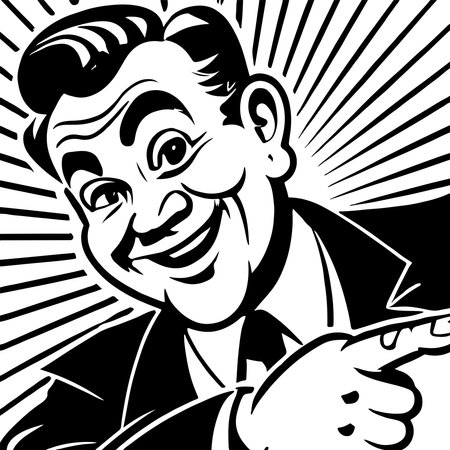 Vintage Advertising Man Pointing On Paper Black And White Logo Style. Handmade vector art.のイラスト素材