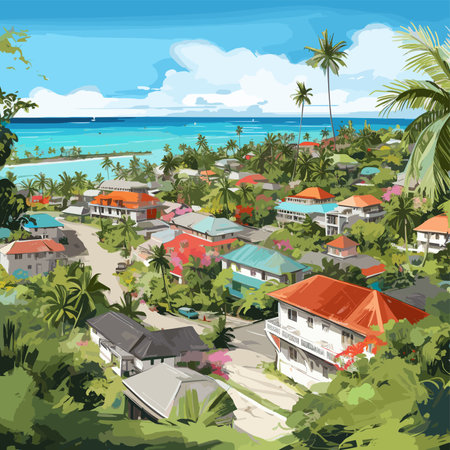 A drawing of Boracay, Travel Illustration, sunny weather, brightly detailed clouds, great areal view, high detailed vector art, emotive fields of color, carving, copy spaceの素材