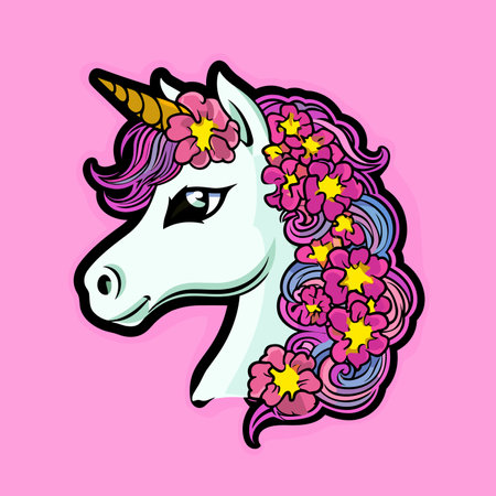 Unicorn Head With Pink Flowers And Curls, In The Style Of Cartoon-Like Characters, Bold Color, Yellow And Purple, High-Contrast Shading, Dignified Poses, Vividly Bold Designsの素材