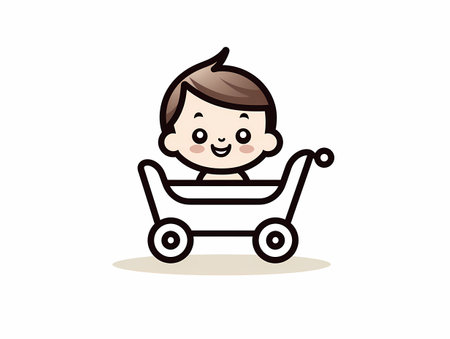 A cheerful baby wearing a diaper smiles in a yellow cart.の素材