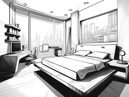 A cozy bedroom with a queen size bed, two nightstands, and a dresser. A white rug lies on the floor, accompanied by a wooden desk and chair. A lamp is placed on the desk.の素材