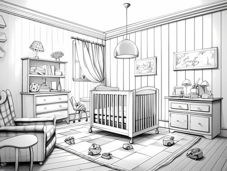 A cozy baby room, with a crib, rocking chair, shelves, and toys. Soft colors, warm lighting, and inviting feel.の素材