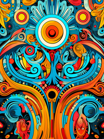 Bright, abstract painting featuring dynamic swirls and circles in vibrant colors.の素材