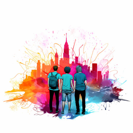 A group of people admiring the cityscape, standing in awe of its stunning beauty.の素材