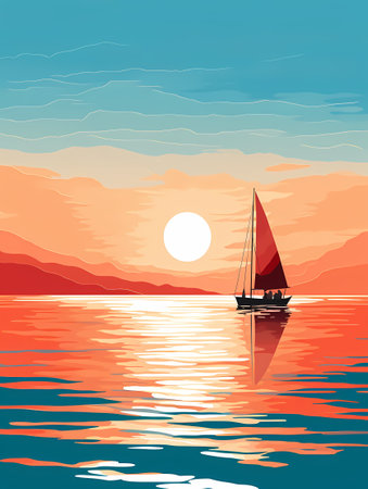 A sailboat sails on the calm water, surrounded by majestic mountains in the background.の素材