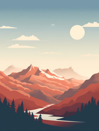 A breathtaking landscape of snow-capped mountains, lush green trees, and a crystal blue sky.の素材