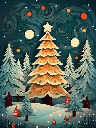 Festive paper tree cutout with bright stars and ribbon, evoking holiday warmth and joy.の素材