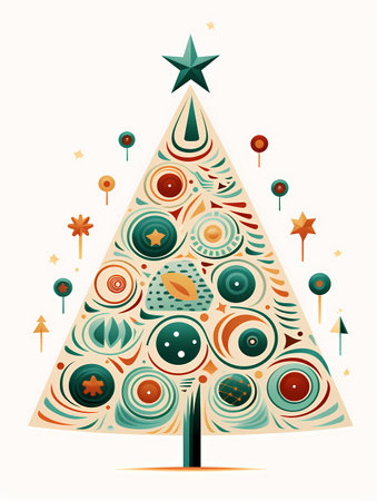 Vibrant Christmas tree with ornaments, garland, and presents, bathed in warm holiday glow, perfect for the season.の素材