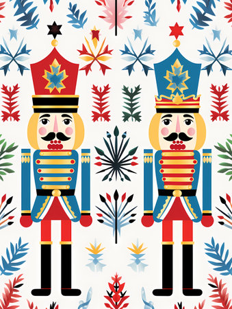 A wooden nutcracker, decorated with green leaves and colorful flowers, standing against a white background.の素材