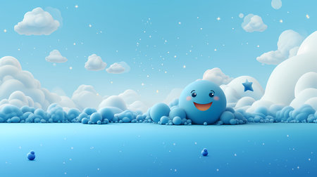 A bright blue cartoon ball featuring a cheerful expression is floating among fluffy white clouds.の素材