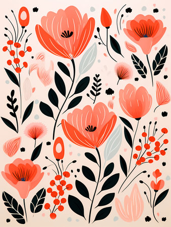 A vivid floral pattern consisting of black flowers and leaves on a multicolored background.の素材