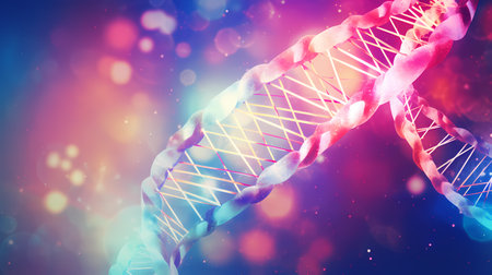 A close-up of a colorful DNA strand with a vibrant background.の素材