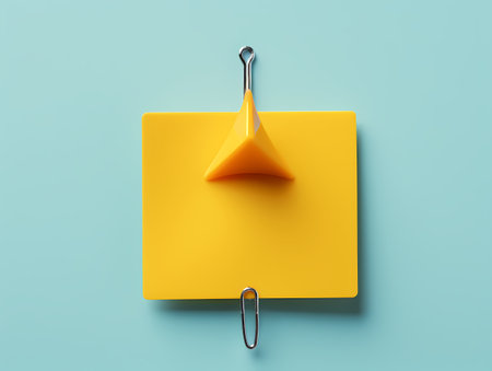 A yellow square with a paper clip attached to it, sitting on a white background. The paper clip is silver in color and bent in an open loop shape.の素材