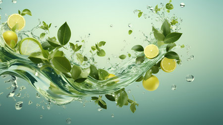 A cluster of lemon leaves and fruit are splashing into a pool of water.の素材