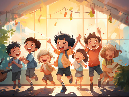 A group of children joyfully jumping in a brightly lit room.の素材