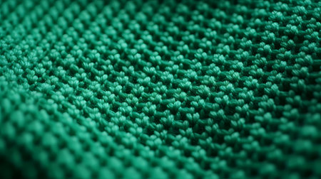 A close-up of a green, knitted fabric with intricate, interwoven patterns and small, delicate stitches.の素材